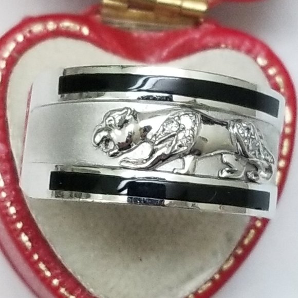 Men 14k White Gold Leopard Cat Enamel Diamond Ring